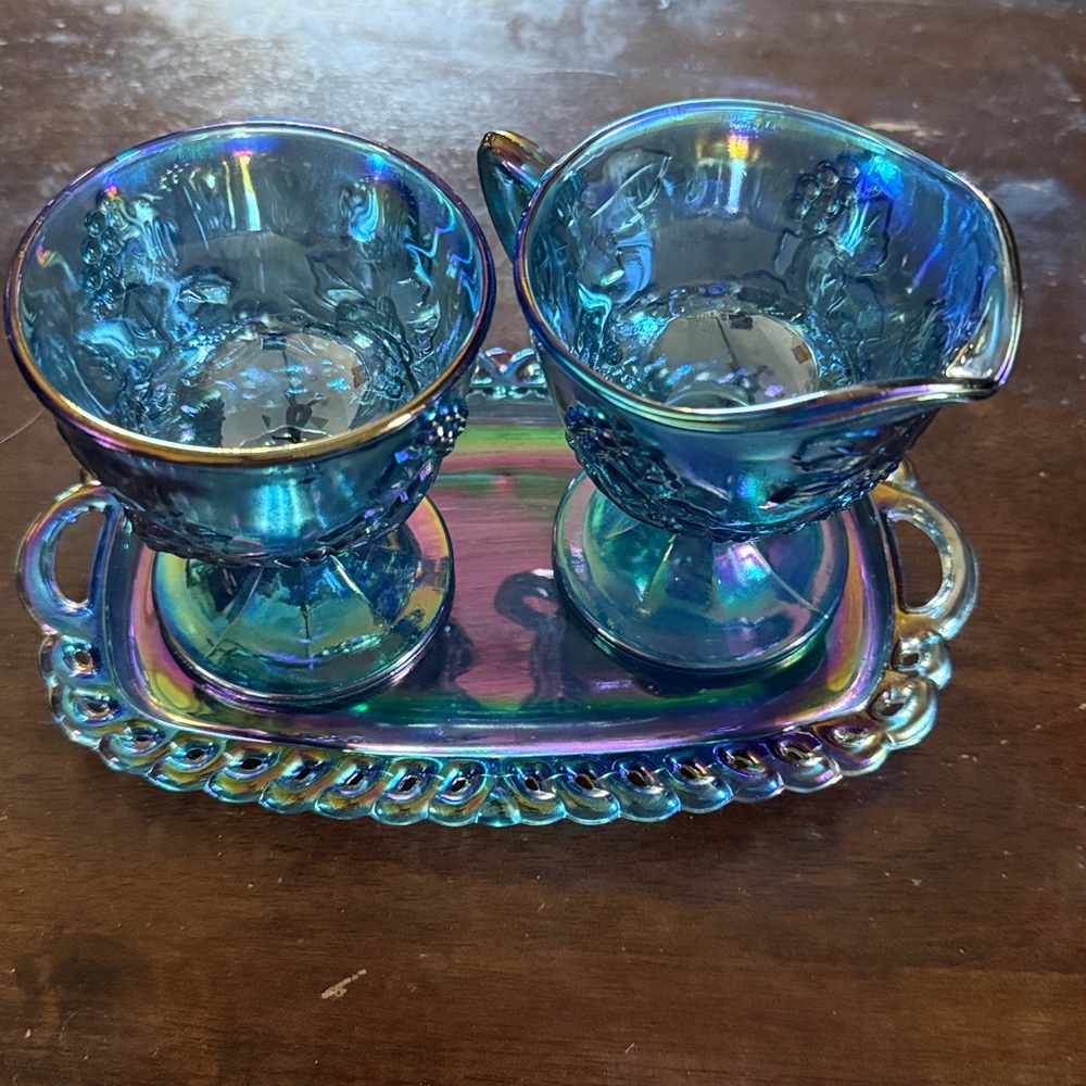 Iridescent Blue Carnival Glass Cream & Sugar Set